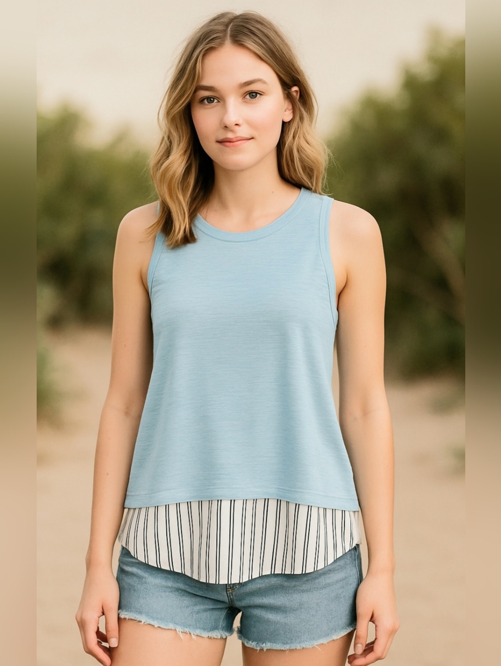 J.Crew Light Blue With Contrast Stripe Layer Look Tank Top Shirt Keyhole Back S